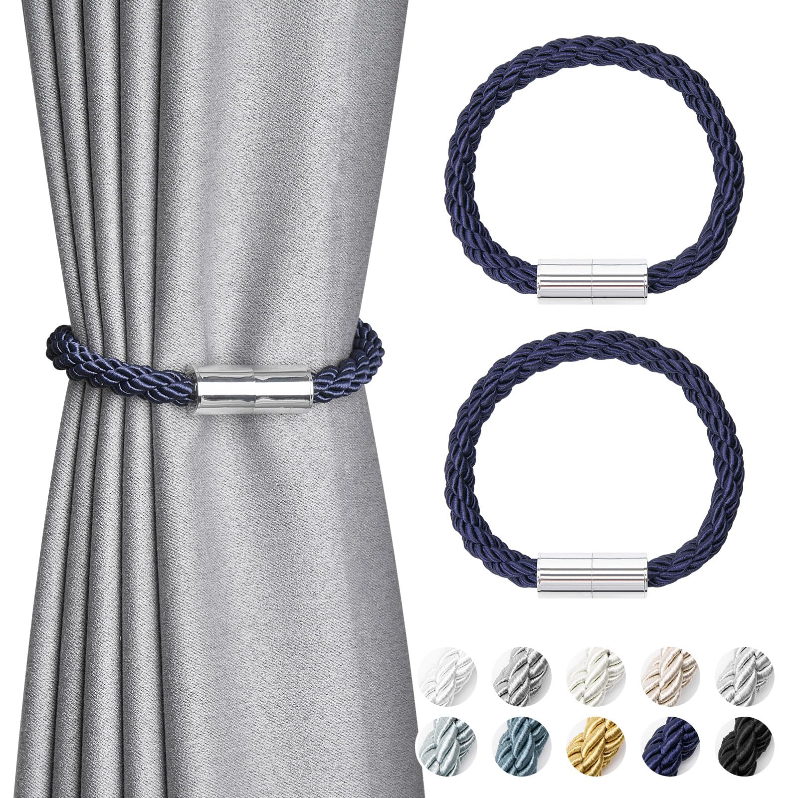 Pretty Jolly 2 Pack Mini Magnetic Curtain Tiebacks Modern Simple Style Drape Tie Backs Elegant Decorative Weave Rope Curtain Holdbacks for Home & Office Thin Window Draperies (Royal Blue)