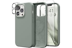 GONEZ Magnetic for iPhone 13 Pro Case, Compatible with MagSafe, [Screen Protector + Camera Protection], Shockproof Liquid Silicone Slim Phone Case 6.1″, Soft Anti-Scratch Microfiber Lining,Calke Green