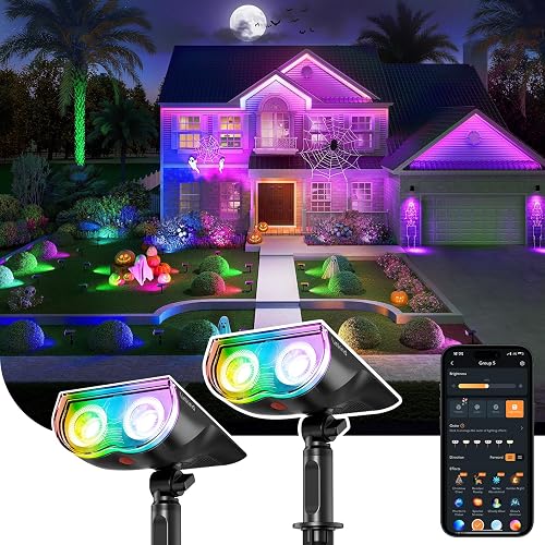 Linkind Smart Solar Spot Lights Outdoor SL5C, IP67 Halloween Lights Outdoor | RGBTW Color Changing Halloween Decoration, APP/Voice Control Solar Landscape Outdoor Lights for Yard, Garden, Pathway(2 Pack)