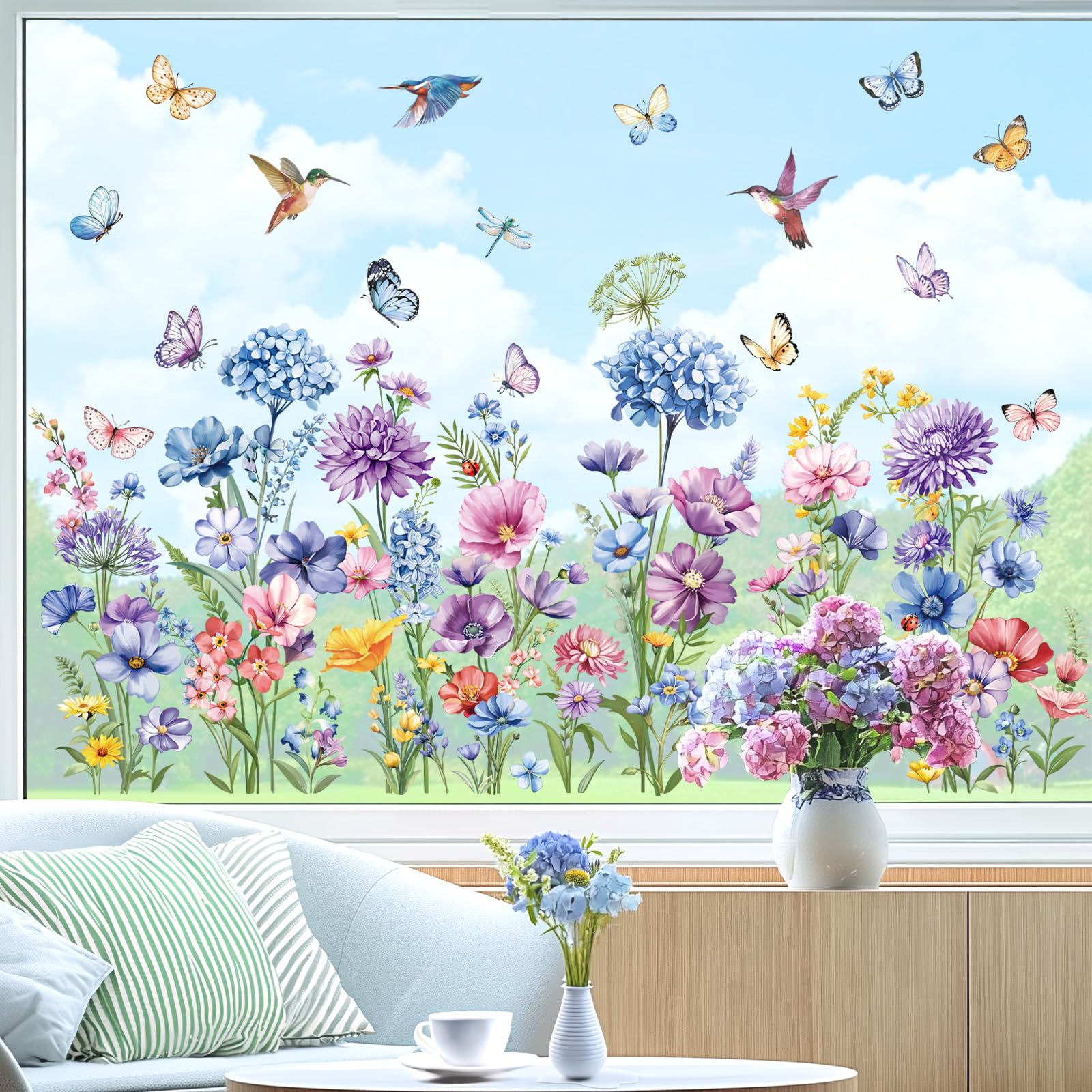 decalmile Spring Summer Wildflower Double Sided Window Clings Garden Flower Butterflies Window Decals Anti-Collision Glass Window Doors Window Stickers