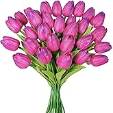 Winlyn 30 pcs Artificial Fuchsia Tulip Flowers PU Real Touch Tulips Faux Tulip Stems 12.6" Tall for Spring Easter Wedding Centerpiece Bouquets Wreath Floral Vase Arrangement Tabletop Decoration