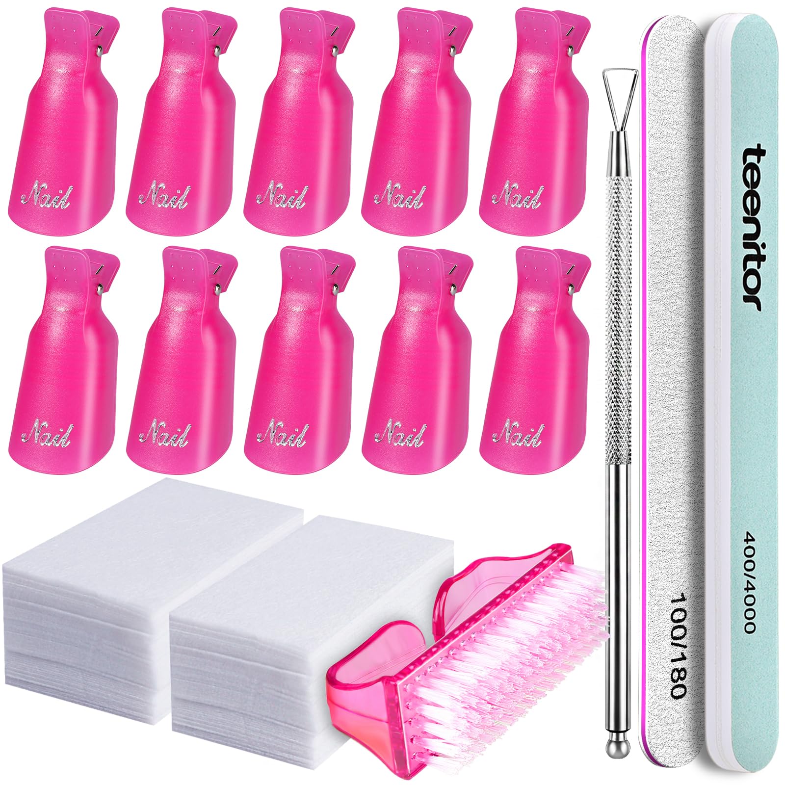 Teenitor Gel Nail Polish Remover Kit with Clips Cap, Cotton Pads, Nail Scraper, Files, Buffers, Shiner and Blocks (Hot Red with 400/4000, 100/180, Nail Remover)