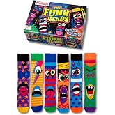 United Oddsocks The Funk Heads Gift Box, 6 Colourful Mix and Match Men&rsquo;s Socks, 70s Inspired Funky Novelty Crew Socks Multipack, Cotton Rich Socks for Men, Funny Gift, UK 6-11, EUR 39-46, US 7-12