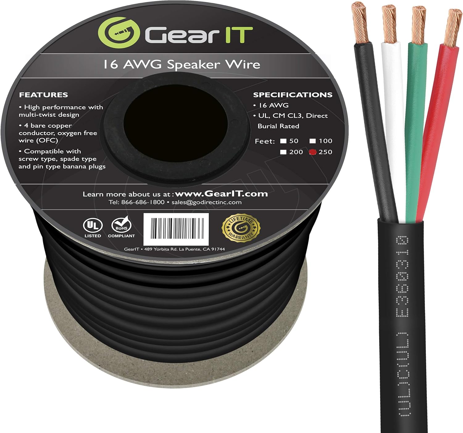 GearIT Pro Series 16 Gauge 4-Conductor Speaker Wire (250 Feet / 76 Meters) 16 AWG OFC (99.9% Oxygen Free Copper) Speaker Wire CL3 Rated for Outdoor Direct Burial Use, Black: Electronics