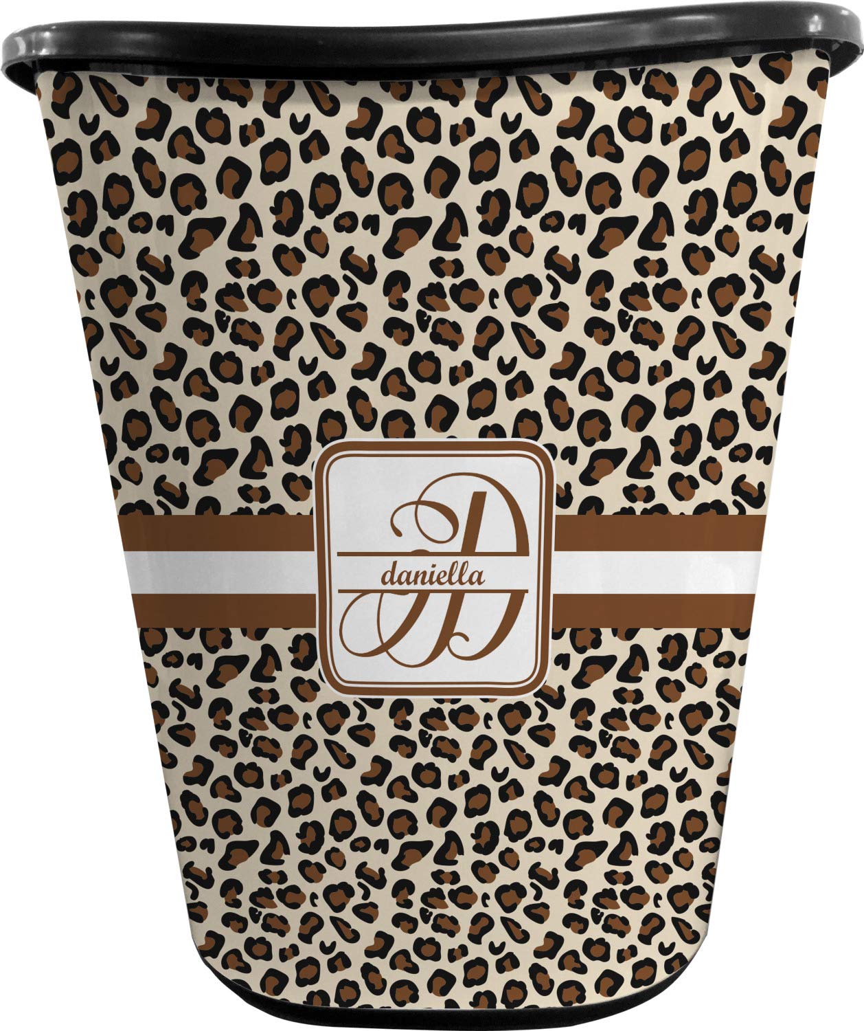 RNK Shops Personalized Leopard Print Waste Basket - Single Sided (Black)