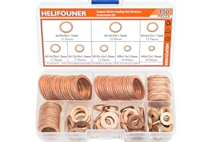 HELIFOUNER Copper Washers, 150PCS 8 Sizes Copper Metric Sealing Washers Flat Washers Assortment Kit