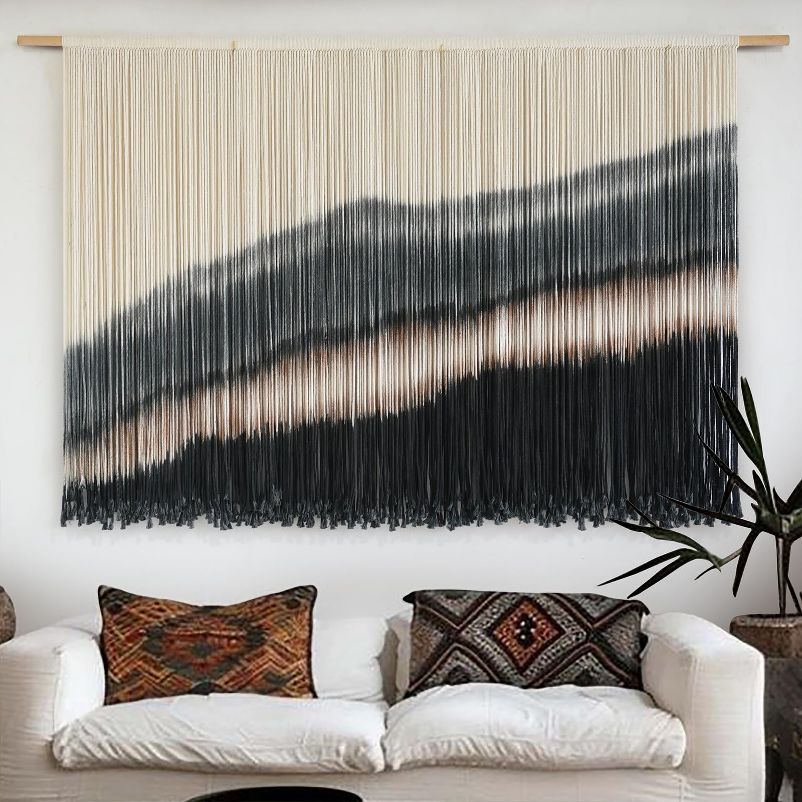 Photo 1 of Jakalin Large Macrame Wall Hanging Dip Dyed Boho Wall Decor For Living Room Bedroom Entryway 57" Wx35 L Modern Fiber Yarn Wall Art Handmade Black Home Decor