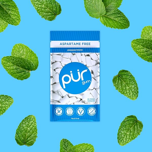 PUR GUM | ASPARTAME FREE CHEWING GUM | 100% XYLITOL | NATURAL PEPPERMINT FLAVORED GUM, 55 PIECES (PACK OF 3)