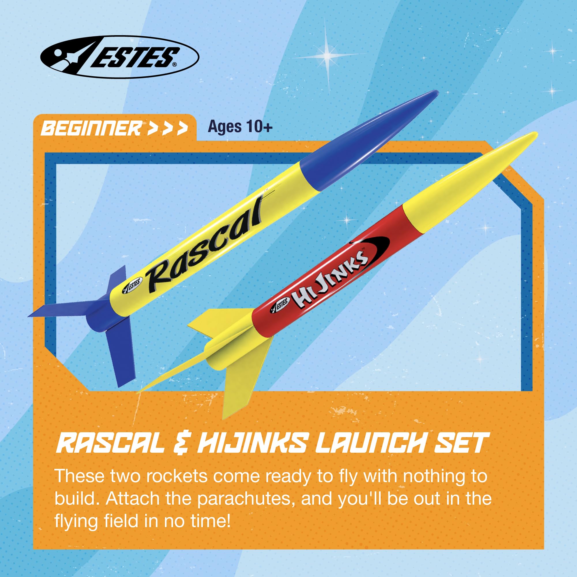 Estes 1499 Rascal and Hijinks Rocket Launch Set, Prebuilt Beginner Flying-Rocket-Model Set for Ages 10+, Includes Launch Pad System