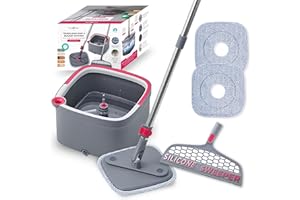 True & Tidy True Clean Spin Mop & Bucket System – Dual Compartment Design for Clean & Dirty Water, 360° Swivel Mop Head, Built-in Scrubbing Brush, Stainless Steel Handle & 2 Reusable Microfiber Pads