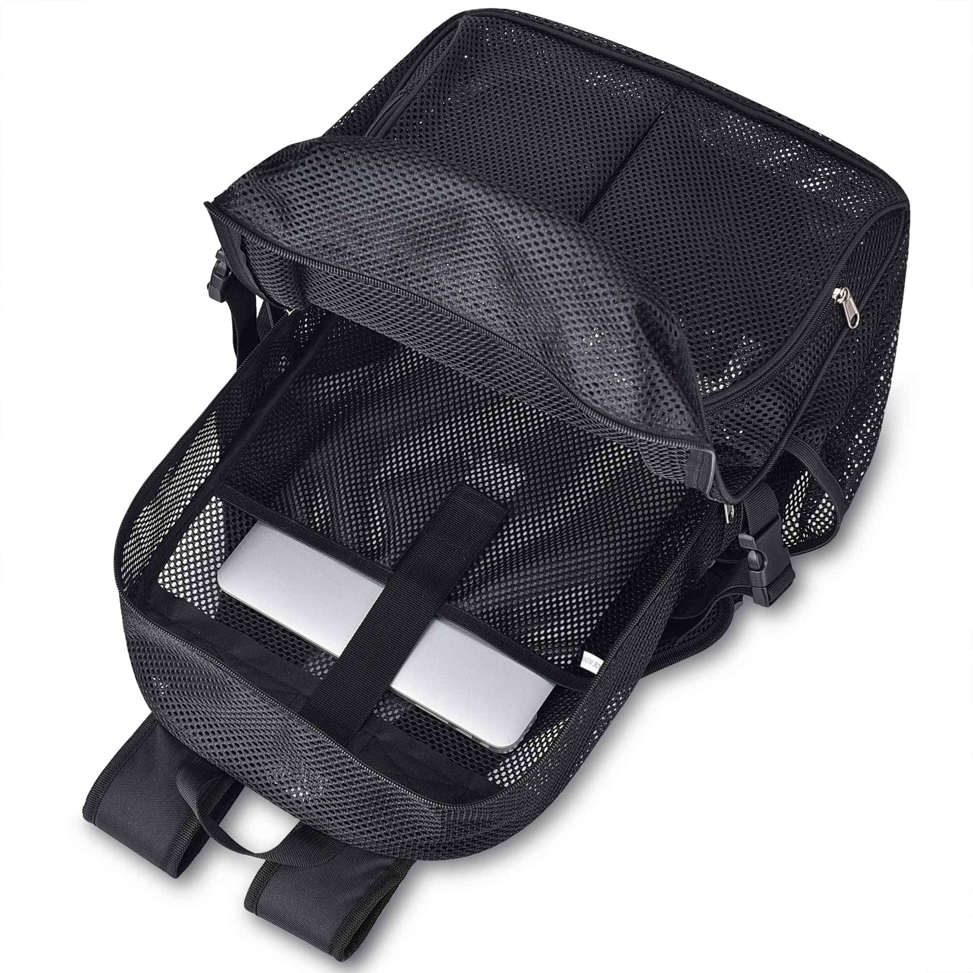Heavy Duty Mesh Backpack for School, 22L Black Mesh School Bag with Laptop Compartment for Beach, Commuting, Swimming, Fitness, Sports (Black)