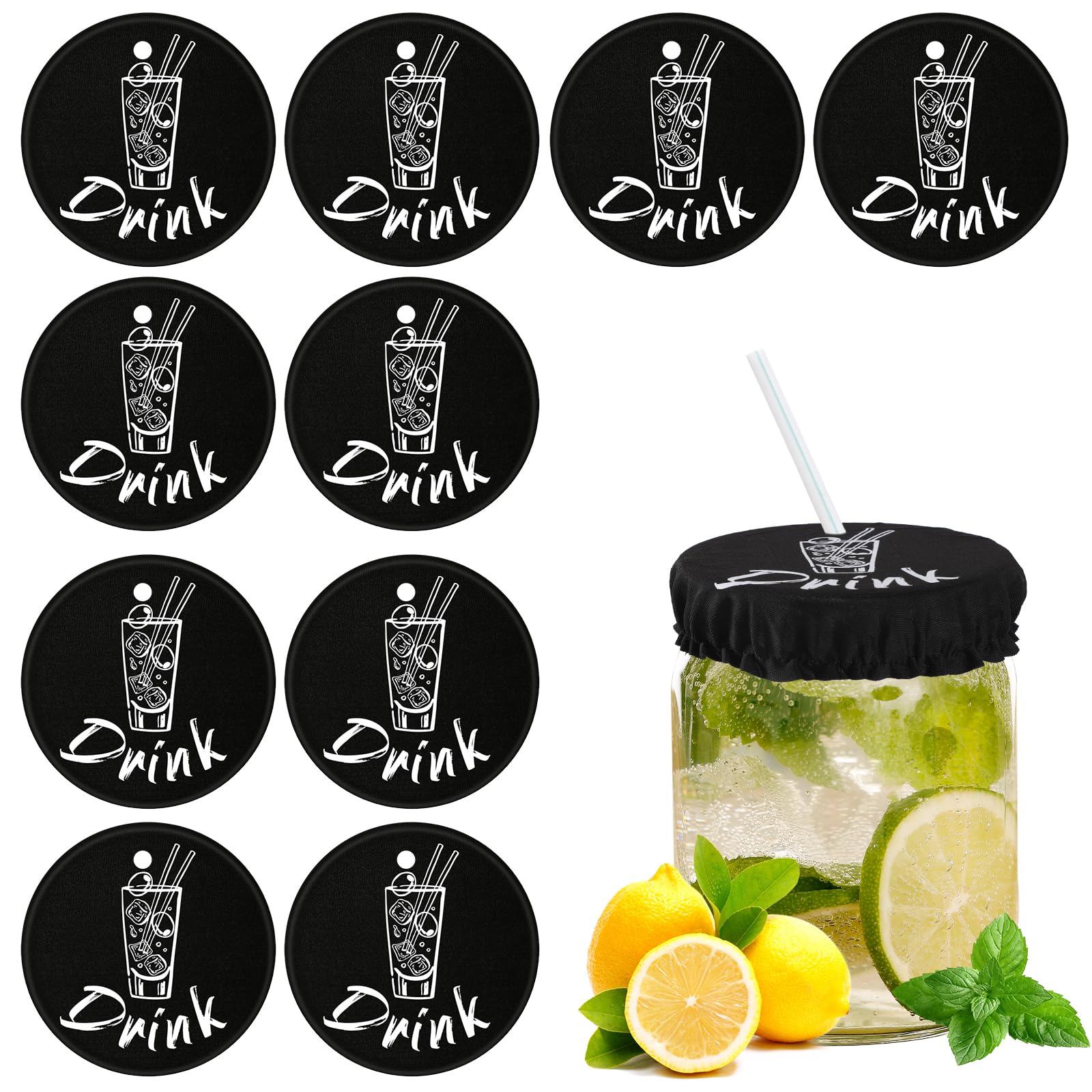 10pcs Drink Cover Scrunchies, Reusable Anti Spike Drink Cover for Alcohol Safe Prevention with Straw Hole Drink Protector Scrunchies for Girls Women Bar Party (Black)