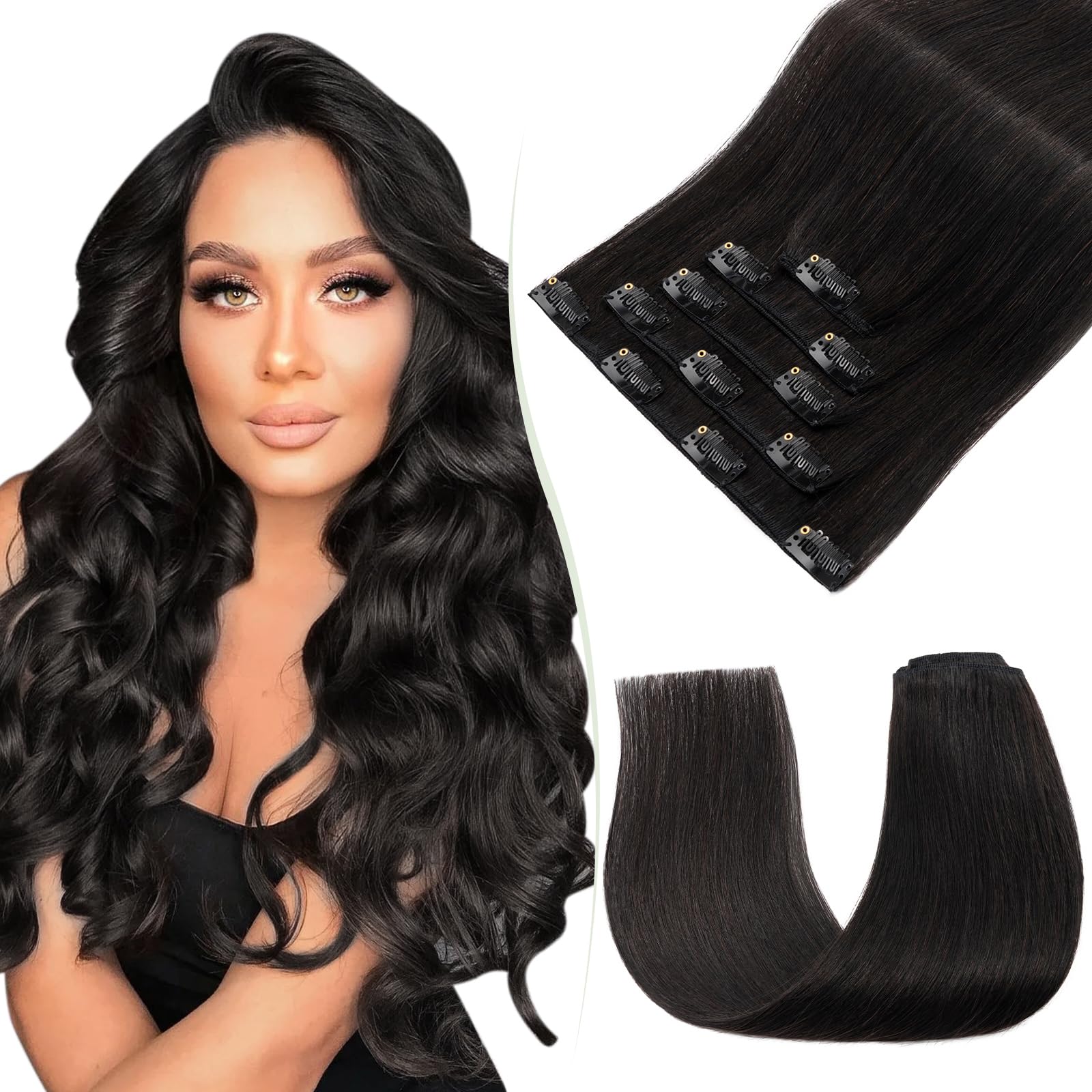 TESS Human Hair Extensions Clip in Real Hair Black Remy 5 Pieces Straight Natural Hairpieces for Women/Girls (#1B Natural Black, 14 Inch 60g) — image 1