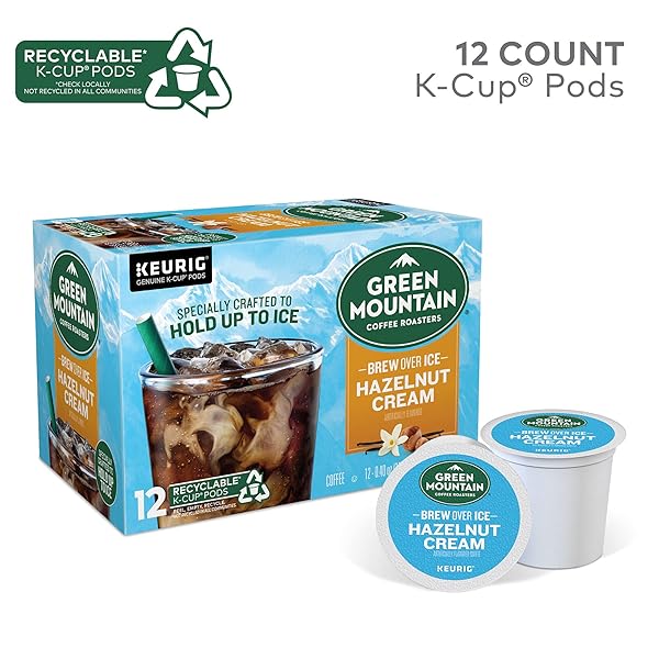 GREEN MOUNTAIN COFFEE ROASTERS BREW OVER ICE HAZELNUT CREAM, SINGLE SERVE KEURIG K-CUP PODS, FLAVORED ICED COFFEE, 12 COUNT