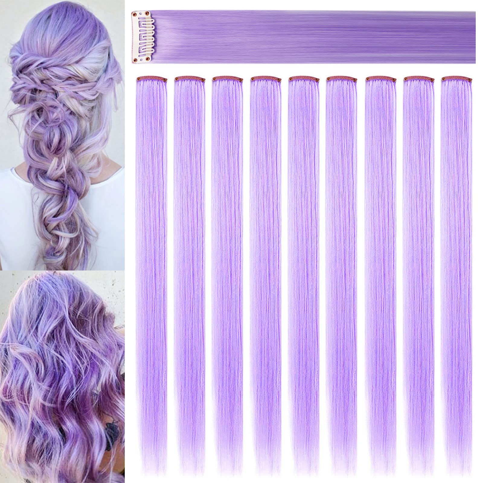 MQY COLOR 9 PCS 21'' Light Purple Hair Accessories Wig Pieces Clip in Colored Hair Extensions for Girls Party Highlights Synthetic Long Straight Colorful Hairpieces for Girls Women(Light Purple)