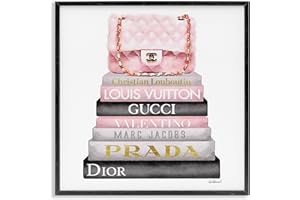 Stupell Industries Home Watercolor High Fashion Bookstack Padded Pink Bag Framed Giclee Texturized Art, Multi-Color