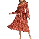 Kormei Womens Boho Floral Long Sleeve Maxi Dress V Neck Empire Waist Fall Wedding Guest Dresses with Pockets