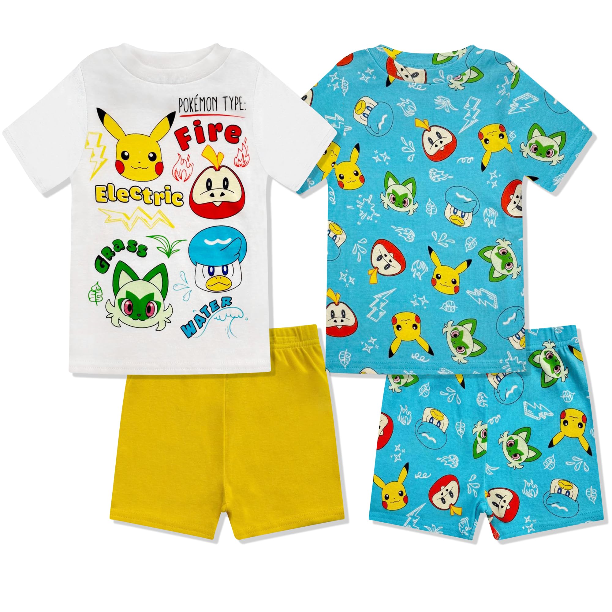Photo 1 of Pokémon Boys Pajama Set - 4 Piece Short Sleeve & Shorts Pajama Set - 100% Cotton PJs, Snug-Fit Kids Summer Pajamas White Blue