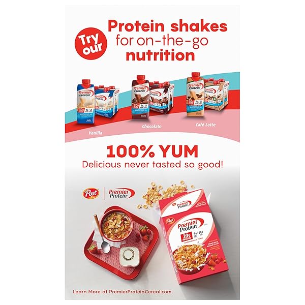 PREMIER PROTEIN CHOCOLATE ALMOND CEREAL, CHOCOLATEY PROTEIN BREAKFAST CEREAL FLAKES WITH SLICED ALMONDS, CONTAINS 20G OF PROTEIN PER SERVING, 9 OZ BOX