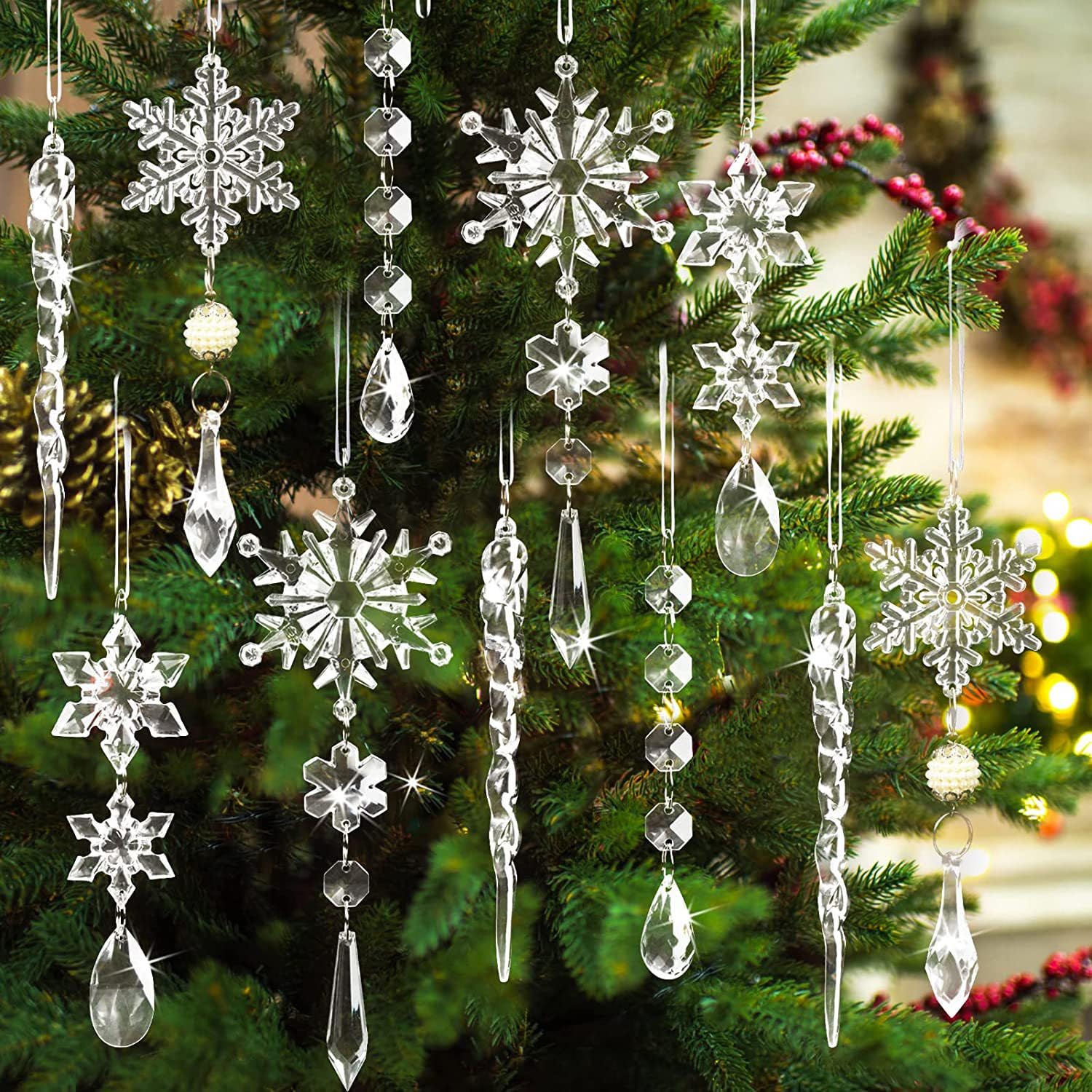 UXORSN 18pcs Christmas Tree Pendants Acrylic Crystal Hanging Set Christmas Baubles Snowflake Icicles Hanging Ornaments with Lanyard Clear Christmas Tree Decorations for Xmas Home Party Supplies