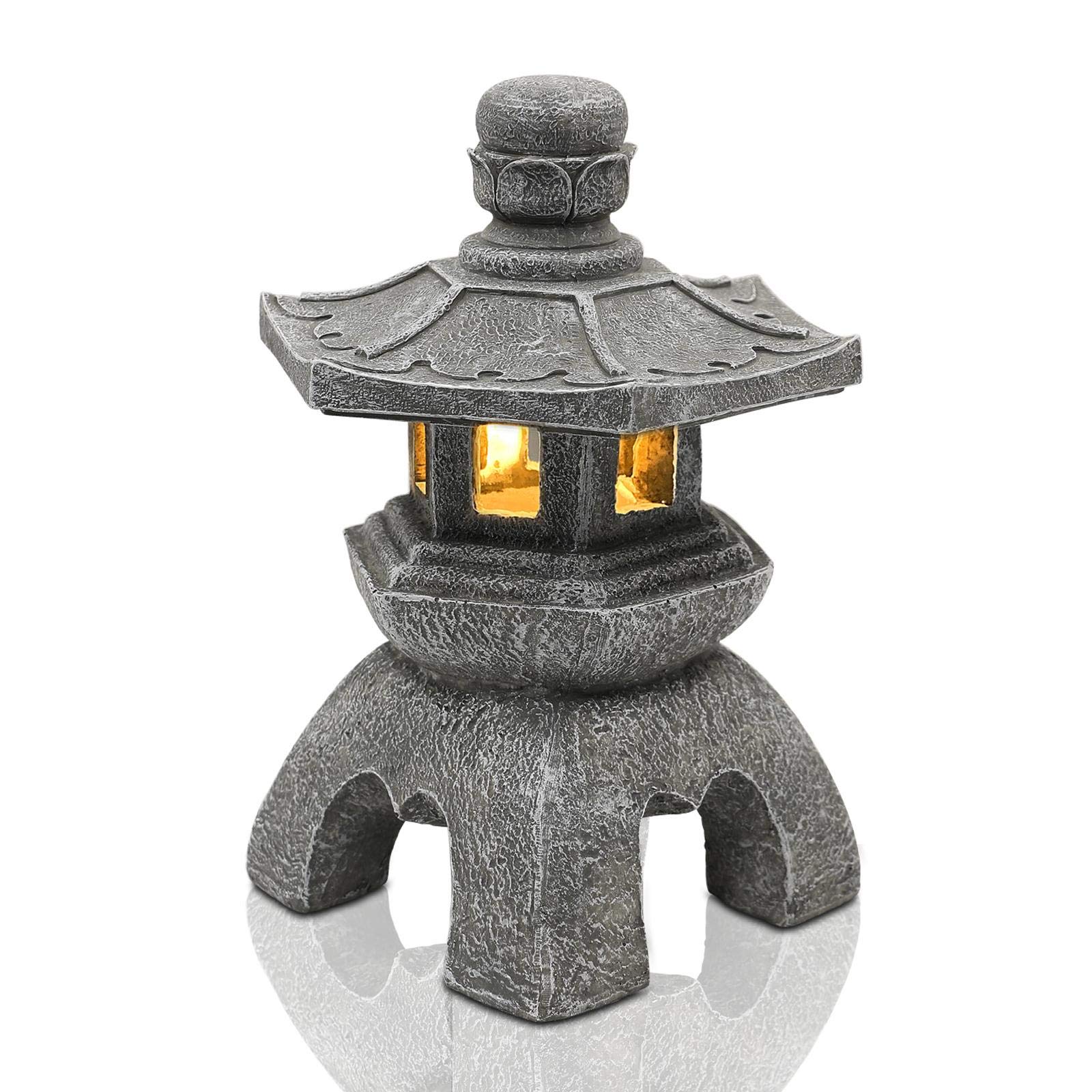 Goodeco Solar Pagoda Lantern Statue Garden Ornaments,Outdoor/Indoor Zen Asian Decor for Landscape Balcony,Garden,Patio,Porch Yard Art Ornament Gifts,Polyresin,Gray stone finish