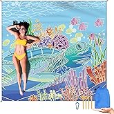 Beach Blanket Waterproof Sandproof Large Beach Mat 79" X 83" for 2-4 Adults Sand Free Mat Quick Drying,Lightweight & Durable with 4 Stakes & 4 Corner Pockets for Beach Travel Camping.(Sea Turtle)