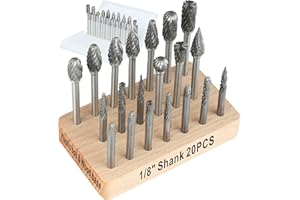 Mars-Rock Tungsten Carbide Burr Set Compatible with Dremel 1/8" Shank 20PCS w/ Wood Base Die Grinder Rotary Tool Rasp Bits Kit Accessories Attachments Metal Wood Stone Plastic Carve Cut Grind Clean