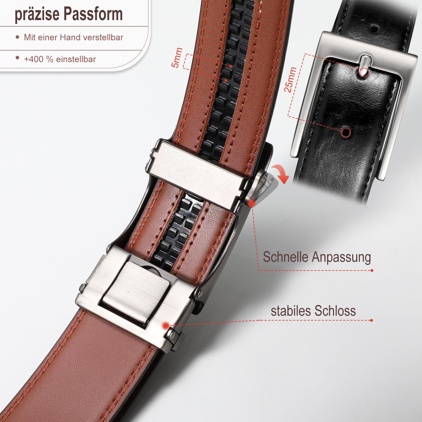 WHIPPY Automatik Gürtel Herren Leder Ratsche Ledergürtel Gürtel ohne Löcher, Breit 35mm braun 115cm 4