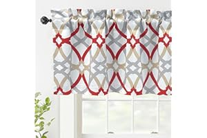 DriftAway Alexander Pattern Match Blackout Valances for Windows 250GSM Geometric Moroccan Mid Century Rod Pocket 52 Inch by 18 Inch Plus 2 Inch Header Red and Gray 1 Pack