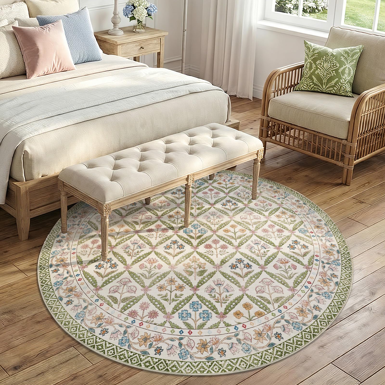 Condition photo showing As Is for jinchan round rug 6ft vintage floral washable circle area rug, sage green | soft & lightweight, checkered floral, low pile, non slip, bedroom, dining room, living room, girls room, reading nook sage green 6' (round)