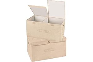 Valease 2 Pack Large Storage Boxes with Lids and Handles, Collapsible Linen Storage Bins Organizer Containers Baskets Cube with Removable Divider for Home Bedroom Closet Office (Khaki, Large)