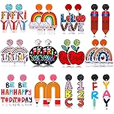 9/12 Pairs Teacher Earrings for Women, Acrylic Rainbow Pencil Fri-yay Earrings Cute Apple Earrings Back To School Jewelry Teacher Appreciation Gifts