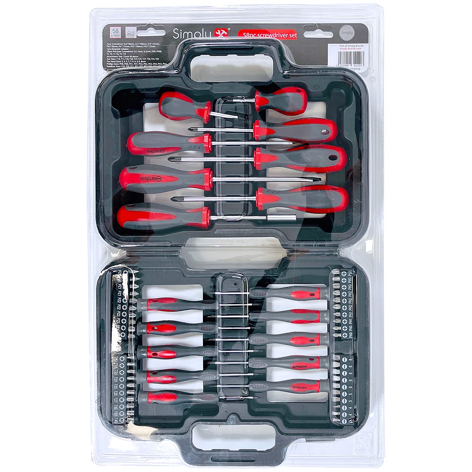 Simply 58-Piece Screwdriver & Bit Set – Slotted, Phillips, Torx & Precision Drivers, Chrome Vanadium Steel with Carry Case