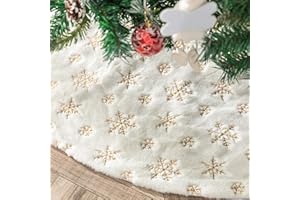 DegGod Plush Christmas Tree Skirts, 36 inches Luxury Snowy White Faux Fur Xmas Tree Base Cover Mat with Gold Snowflakes for Xmas New Year Home Party Decorations (36 inches, Gold)