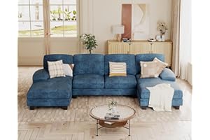 JUMMICO Sectional Couches for Living Room, U Shaped Couch with Chenille Fabric, 4 Seat Modern Sofa with Removable Pillows for Apartment and Small Space (Fabric, Blue)