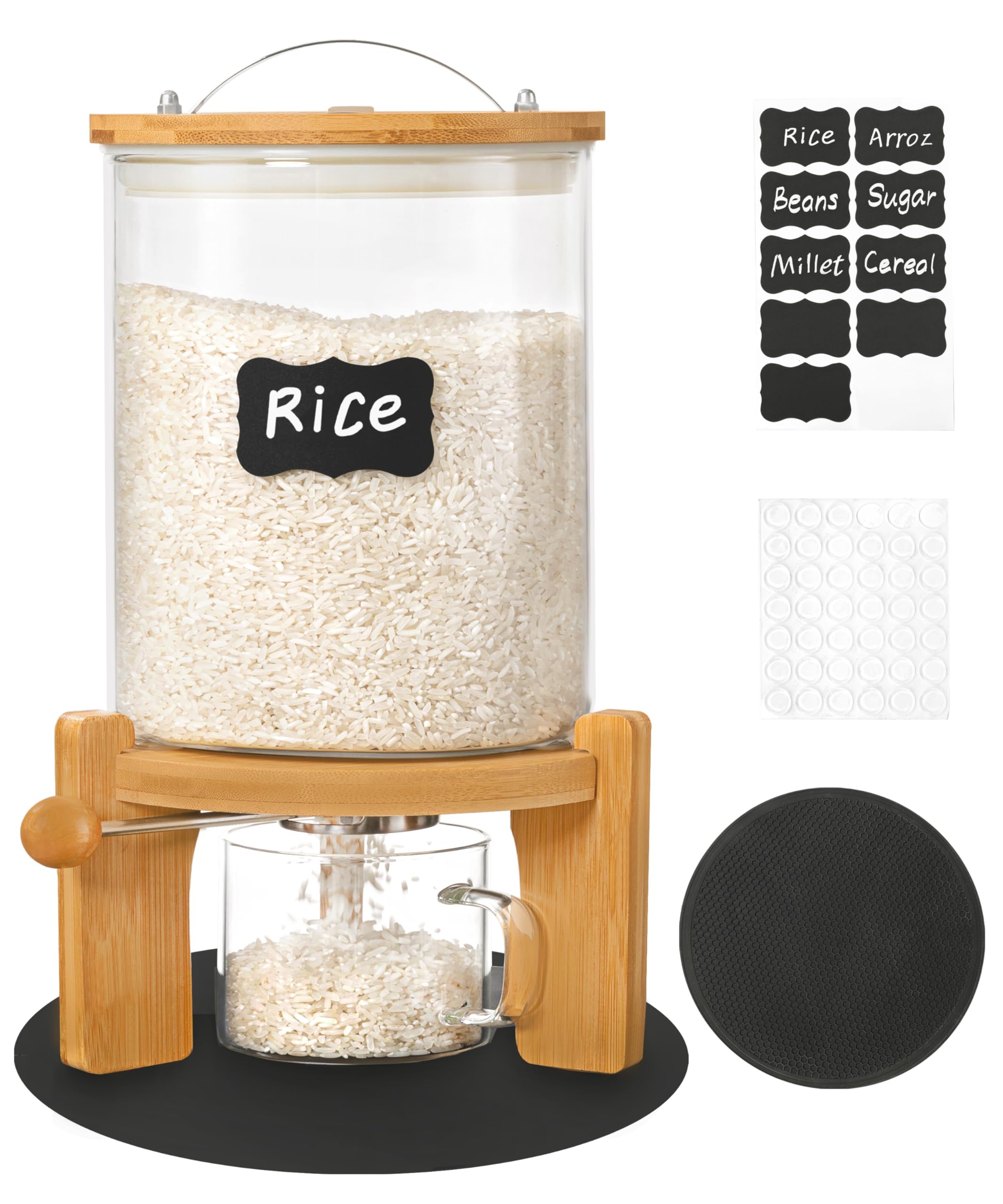 Photo 1 of Famyards 5-7 lbs Glass Rice Dispenser with Wooden Stand Flour and Cereal Container with Glass Measuring Cup & Labels & Slider mat Pantry Food Organization Storage Bin with Airtight Bamboo Lid, 3L