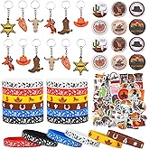 Sureio 86 Pcs Western Cowboy Party Favors Include 12 Keychains 12 Western Cowboy Silicone Bracelets Button Pins 50 Waterproof Theme Stickers for Birthday Party Supplies