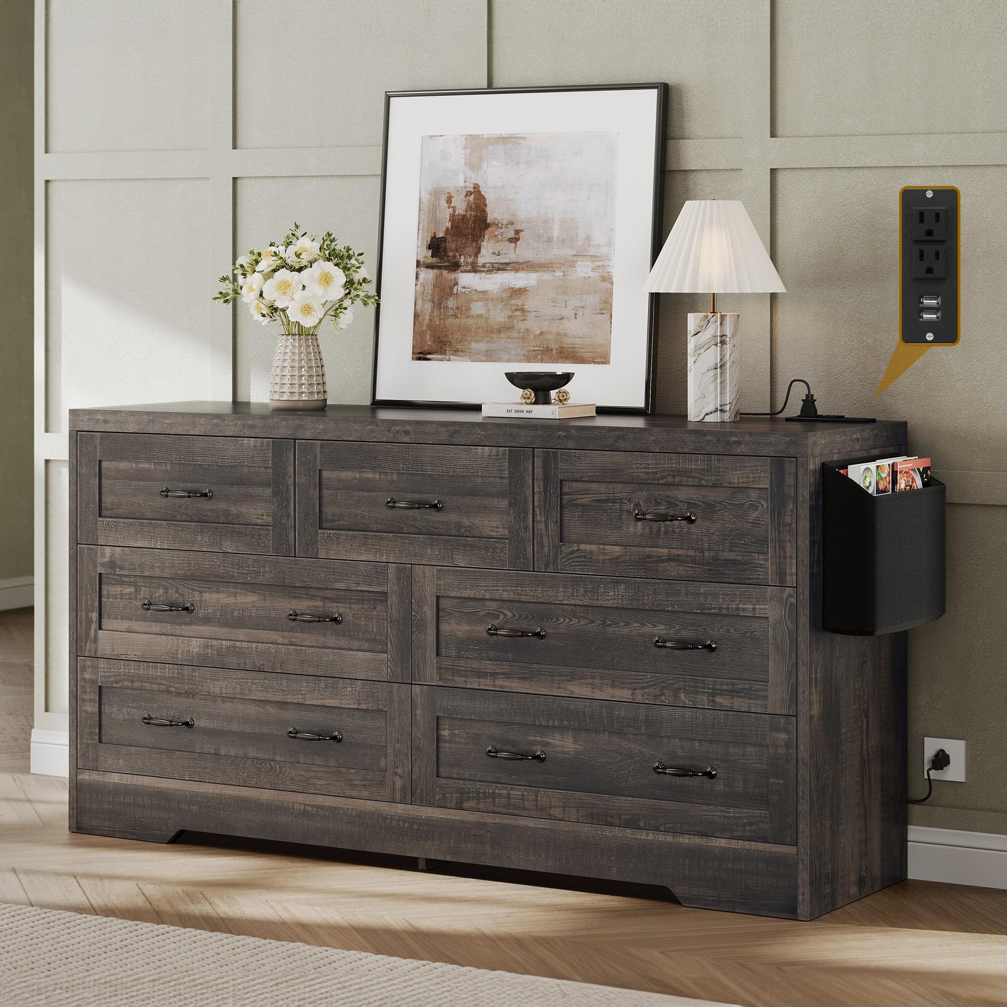 DWVO Large Buffet Sideboard Cabinet with 7 Drawers Power Outlets ...