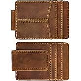 Le'aokuu Mens Genuine Leather Cowhide Money Clip Credit Card Case Handy Slim Wallet Magnet (A Rfid Light Brown 4)