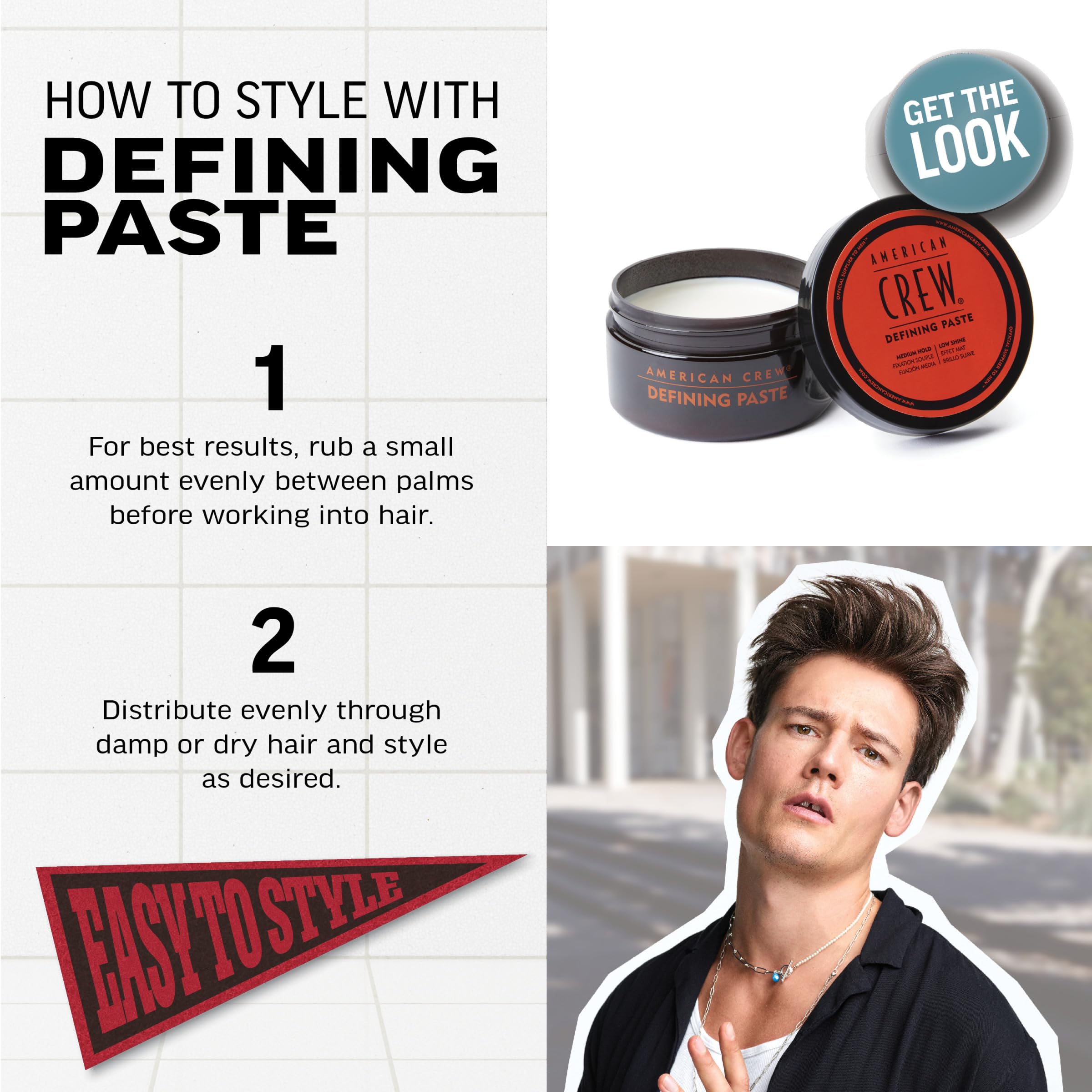 American Crew Men's Hair Defining Paste, Like Hair Gel with Medium Hold Hair Gel & Low Shine, 3 oz