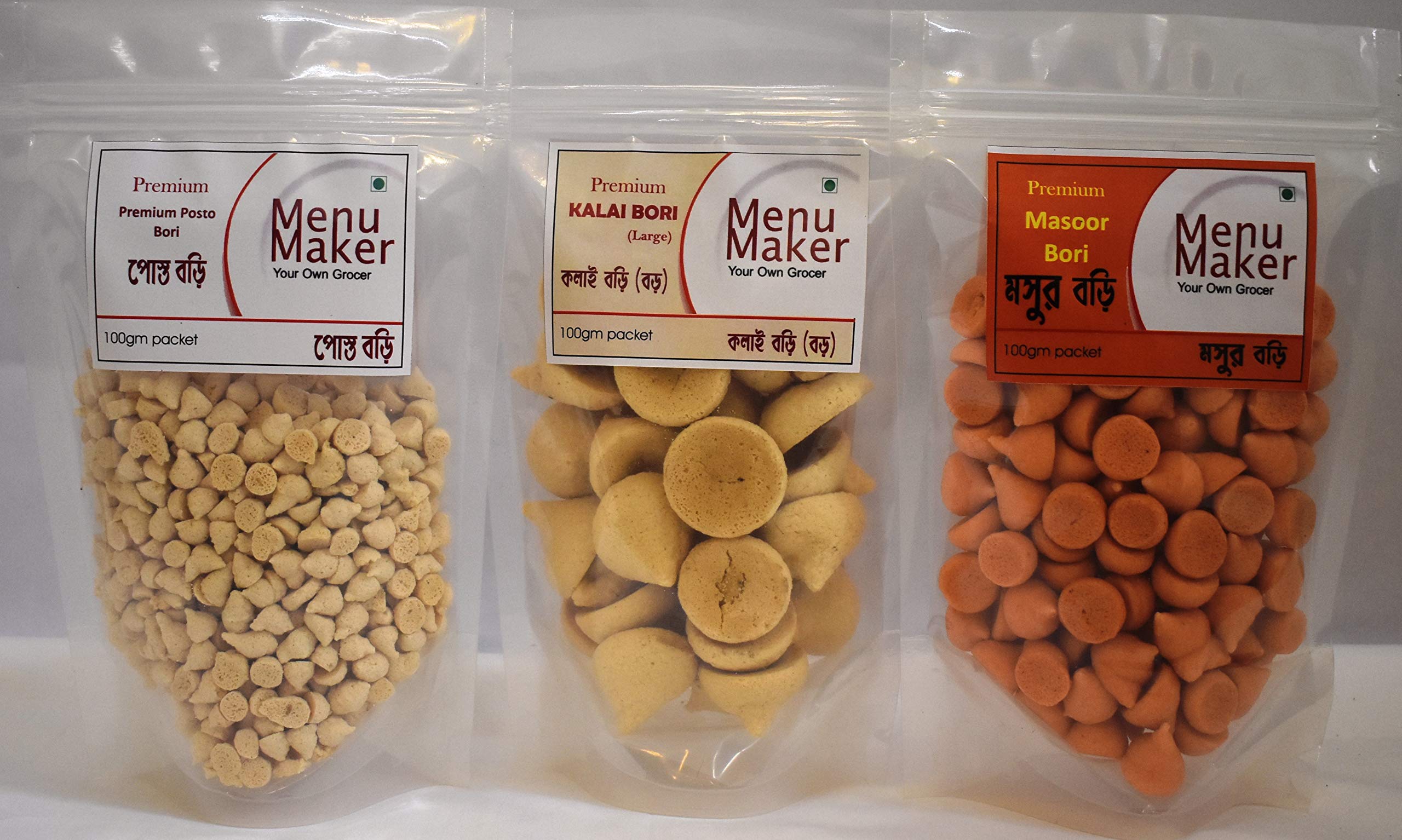 Menu Maker Select Premium Kalai Dal Bori/Biuli Dal Bori/Urad Dal Bori, Masoor Dal Bori and Posto Bori Combo Pack, 300g, Pack of 3,100g Each