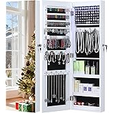 GISSAR Full Length Mirror Jewelry Cabinet, 6 LEDs Jewelry Armoire Wall Mounted Over The Door Hanging, Jewelry Organizer Display Storage Furniture with Lights Locker Mirrored Cabinet, 39.4" H, White