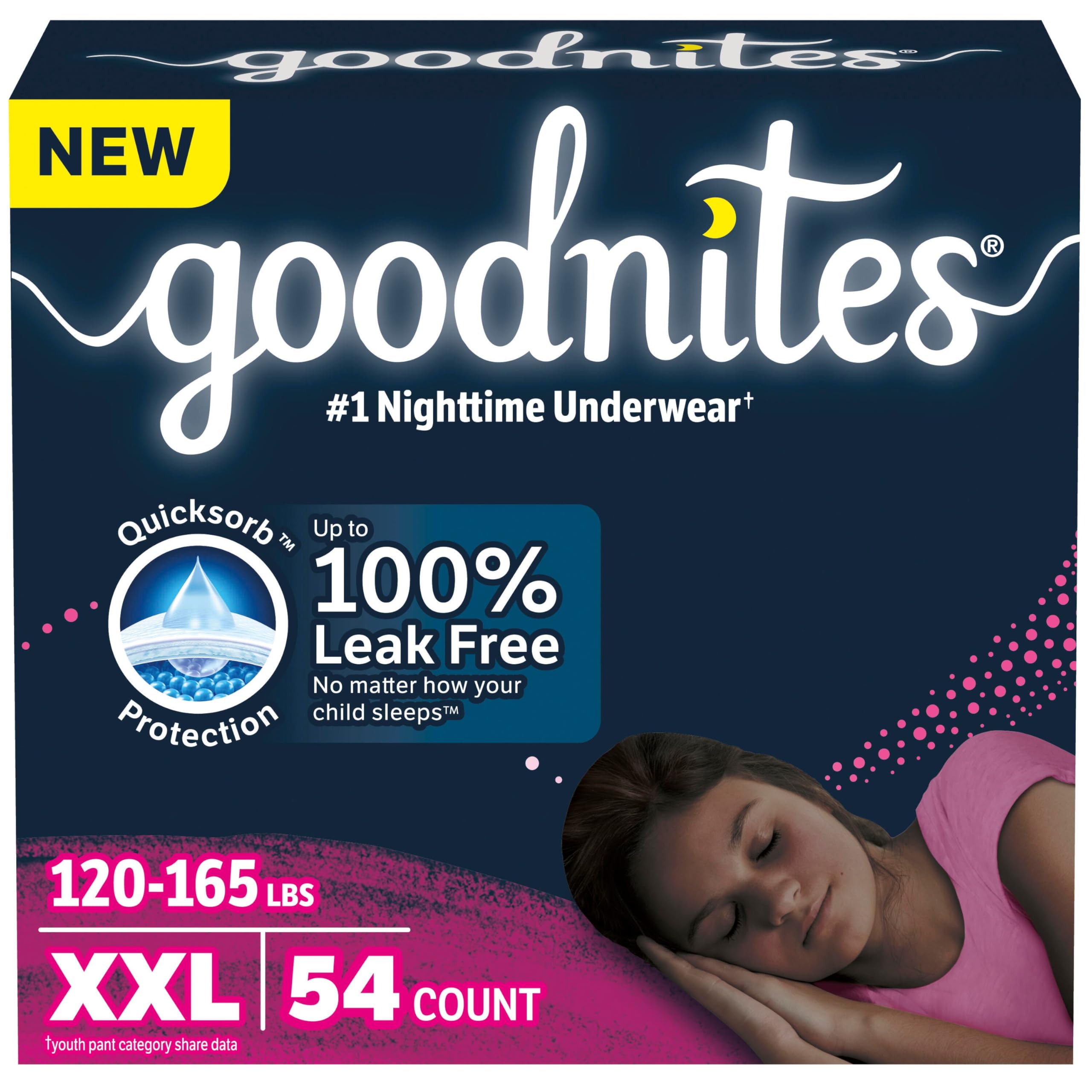 Photo 1 of Goodnites Girls' Nighttime Underwear, Size XXL (120-165 lbs), 54 Ct, Packaging May Vary