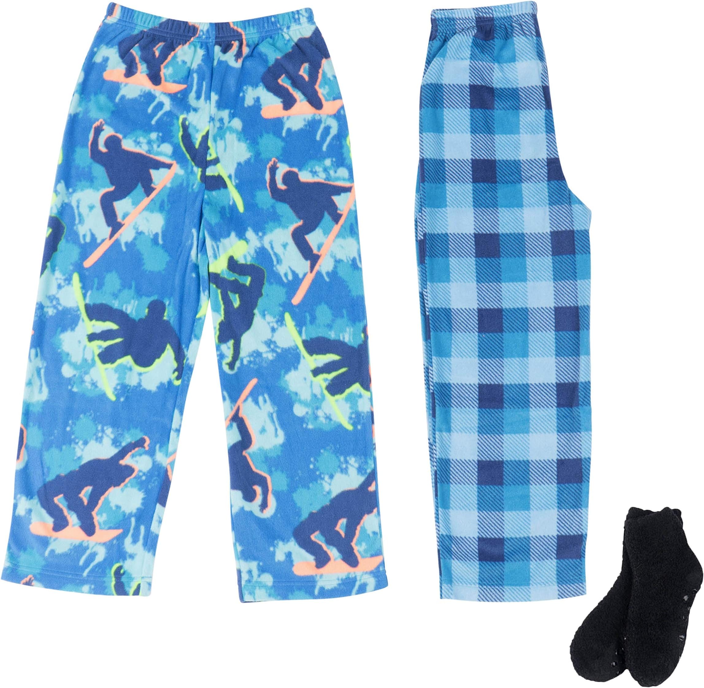 Mad Dog Boy’s 2-Pack Micro Fleece Pajama Pants + Slipper Socks (Sizes 4-16)