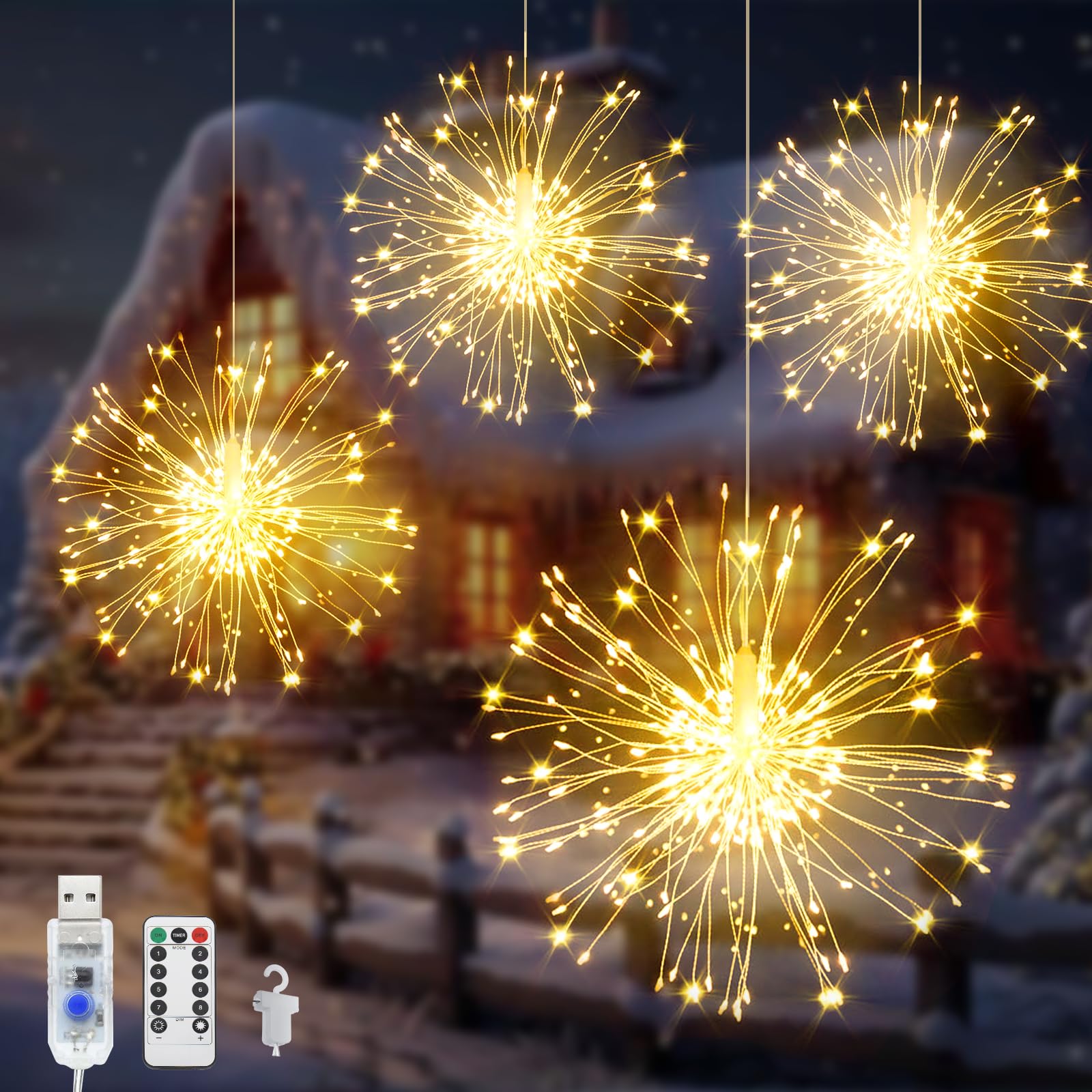 Acxilexy 4 Pack Firework Lights - 480 LEDs USB Powered Hanging Lights with 8 Modes, Waterproof, Remote Control, Copper Wire for Garden, Yard, Tree Decor