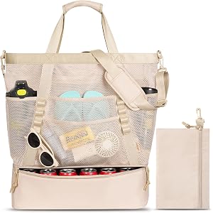 Large Beach Bag with Cooler Mesh Beach Tote for Women Insulated Pool Bag