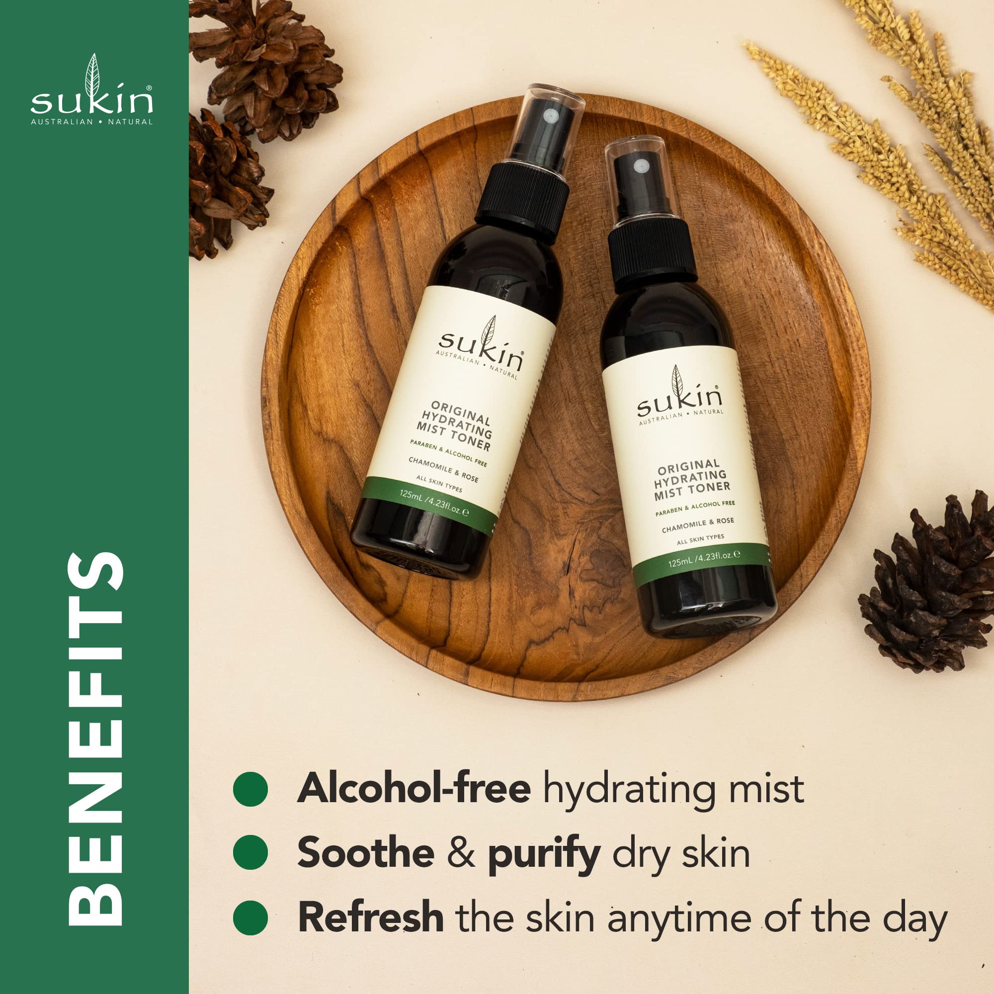 Sukin Organics Hydrating Mist Toner, Rosewater Facial Mist Spray, Refreshing Skin Care Routine for Face & Neck, Suitable for All Skin Types, 4.23 Fl Oz