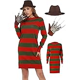Halloween Costume for Women Stripe Knitted Sweater Dress with Brown Hat and Leather Glove Set