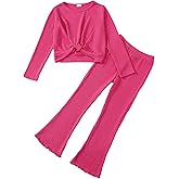 Valseclub Girls 2 Piece Clothes Twist Front Top and Bell Bottom Pants Set Kids Thin Sweater Fall Outfits Set 5-14 Years