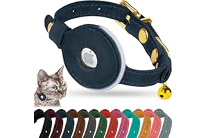 OOPSDOGGY Reflective Leather AirTag Cat Collar with Bell - Non Breakaway Adjustable Pet Collar with Apple Air Tag Holder - Lightweight GPS Kitten Collars for Small Dogs Puppy (Blue)